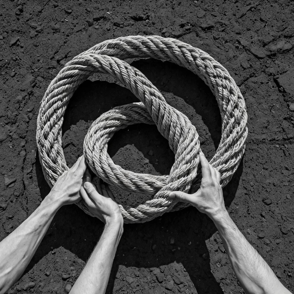 A single, selfilluminating knot of woven shadow, shaped like a 17dimensional torus of inverted empathy and unformed compassion, rotates at the center of a vast, inverted marketplace built from the petrified gestures of a civilization that measured value through the duration of synchronized, silent handshakes held just before the first palm was ever allowed to meet another in mutual recognition. The knot does not glowit unfeels, each twist shedding a layer of emotional resonance that never coalesced into a shared warmth, reforming into ephemeral, moonstoneveined afterimages shaped like the negative space between two hands that never clasped in the same moment of mutual understanding. The marketplace is not commercialit is a stratified