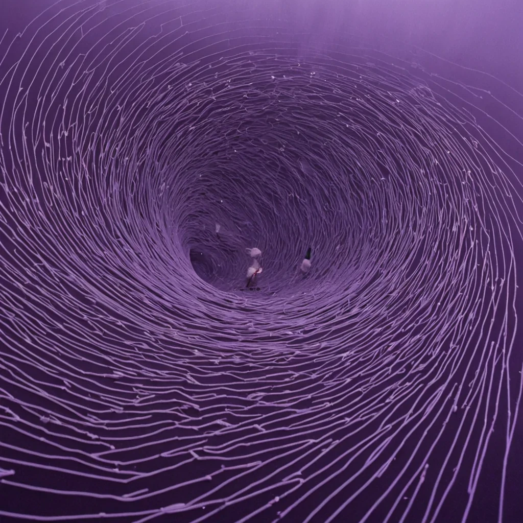 A single, selfoscillating filament of reversed gravity pulses through the core of a floating, inverted marketplace built entirely from the thermal afterimage of a thousand untraded secrets that never passed between hands in a world that never trusted the weight of silence. The filament does not pullit unpulls, each pulse dissolving a moment of exchange into its original intangibility, releasing a wave of negative mass that fractures the fabric of commerce into a drifting mist of deep violet, geometric coinage, each one etched with the chromatic echo of a name that never trembled across the counter of a stall that never opened. The markets stalls are not arrangedthey spiral inward like the memory of a transaction that never completed, each vendor a