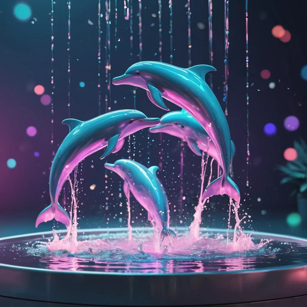 Hyperrealistic neon dolphins leaping in a reflective metallic fountain, holographic droplets swirling in volumetric lighting, dynamic shadows, bokeh effect, pastel tones, 4K