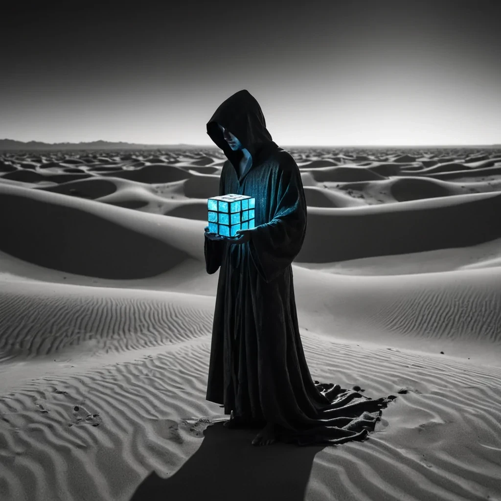 A hyperrealistic, 4K portrait of a sentient, levitating, neonlit holographic Rubiks cube, its ethereal form pulsating with intricate, bioluminescent fractal patterns, set against a surreal, monochromatic landscape of undulating, shadowy dunes, with volumetric lighting casting dramatic shadows and emphasizing the cubes dynamic, fluid movements, and a subtle, cool bokeh effect creating a sense of isolation and mystery, as a lone, spectral figure, cloaked in a tattered, hooded robe, stands silently at the edge of the frame, their face obscured by shadows, adding an enigmatic, haunting touch to the otherwise abstract scene.