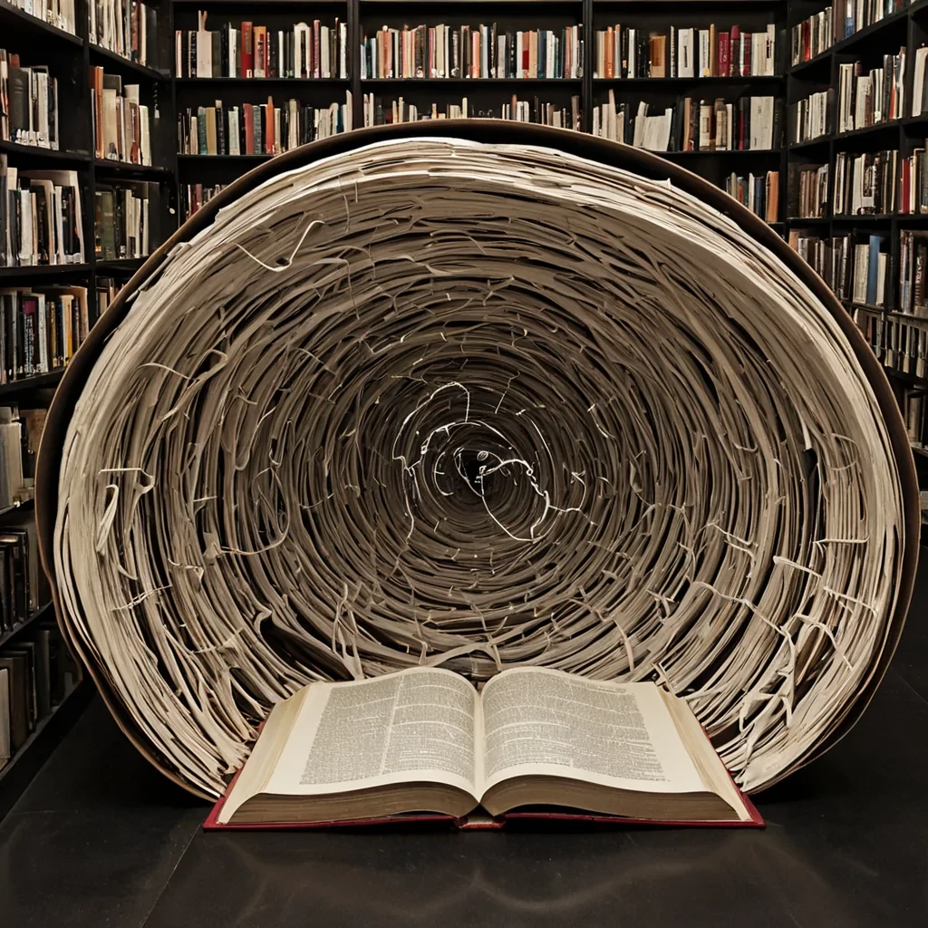 A single, selfigniting filament of reversed silence, shaped like a 4,123dimensional helix of unformed stillness and inverted resonance, drifts through a vast, inverted library of solidified languageeach book carved from the exact moment between a word being written and its refusal to be read, a sentence forming and dissolving into nonsemantic dust, a story beginning and collapsing into pure, unmeasured emptiness. The filament does not speakit unspeaks, each shimmering coil shedding a layer of linguistic potential that never coalesced into shared meaning, reforming into ephemeral, obsidianveined afterimages shaped like the negative space between two hands that never turned a page in silent communion.