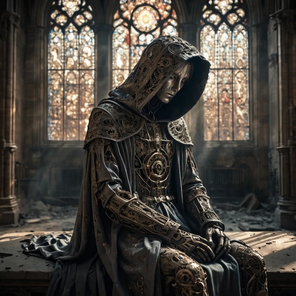 Photorealistic, Ultra HD portrait of a melancholic, sentient automaton, its metallic body adorned with intricate, tarnished filigree, sitting alone in a vast, abandoned cathedral, surrounded by towering, gothic arches and faded, stainedglass windows, with cinematic lighting casting dramatic shadows and emphasizing the intricate, steampunkinspired design, and a subtle, cool bokeh effect creating a sense of isolation and melancholy, as a lone, spectral comet streaks across the night sky, its glowing tail leaving a trail of stardust in its wake, while a spectral, ethereal figure, cloaked in a tattered, hooded robe, stands silently at the edge of