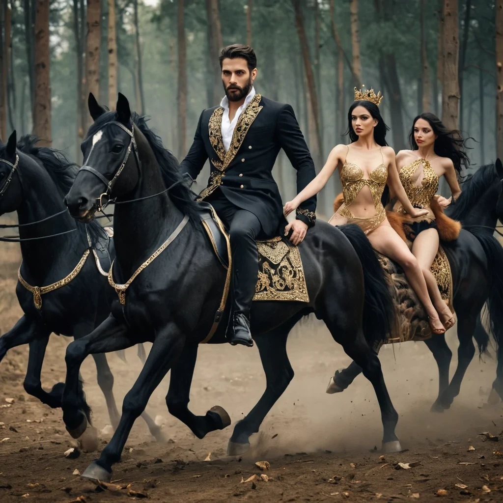 A dark haired, modern handsome king with a beard riding shining black horses along with beautiful, scantily dressed women. They are chasing a fox