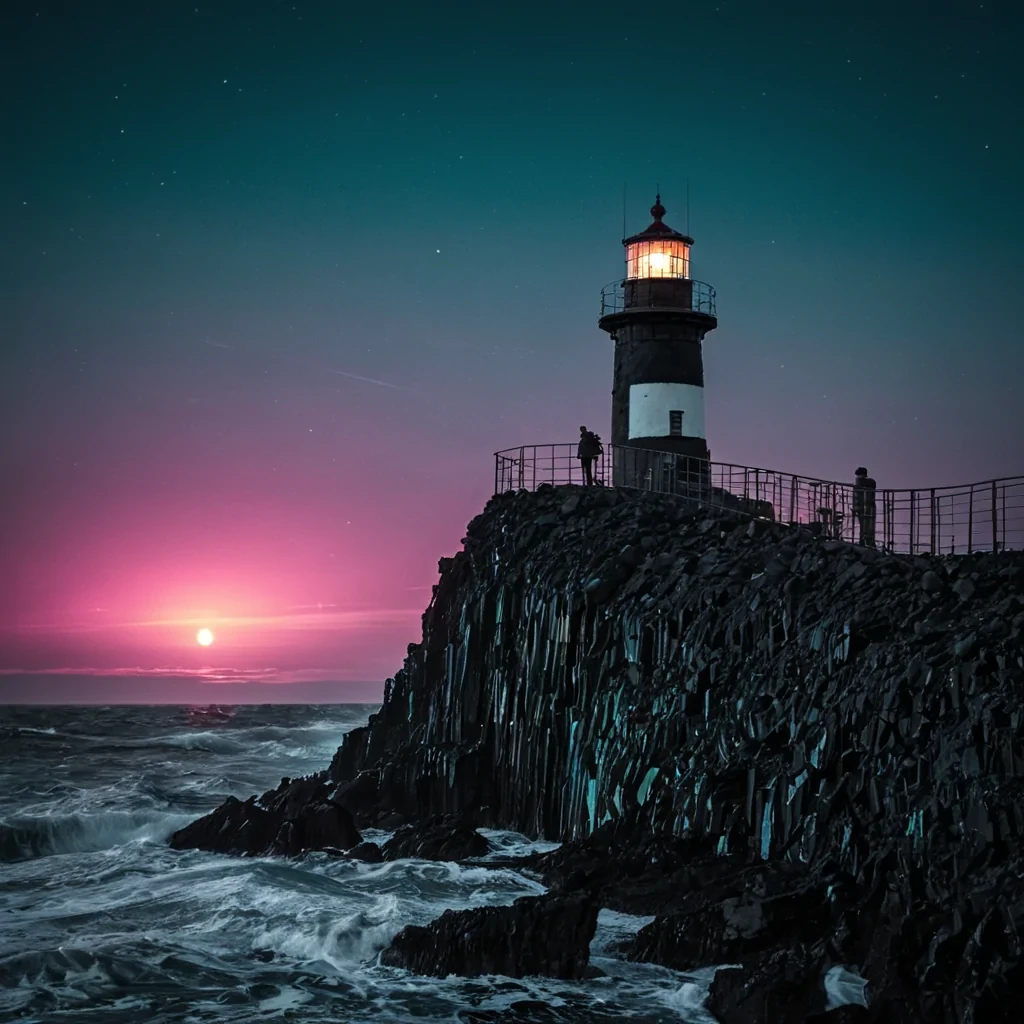 A vertical, eyelevel closeup of a towering, slender lighthouse constructed from stacked, translucent layers of polished rose quartz and frosted glass, situated on a jagged outcrop of black basalt surrounded by a churning sea of liquid chrome. The sky above is a deep, velvety midnight blue, filled with slowly drifting, geometric auroras in shades of electric teal and soft magenta. A solitary figure dressed in a heavy, textured coat made of woven copper wire and dark wool stands on the lighthouse balcony, holding a lantern that emits a warm, amber glow, which reflects sharply in the metallic waves below. The scene is illuminated by the cool, diffuse light of the auroras and the warm, directional light from the lantern,