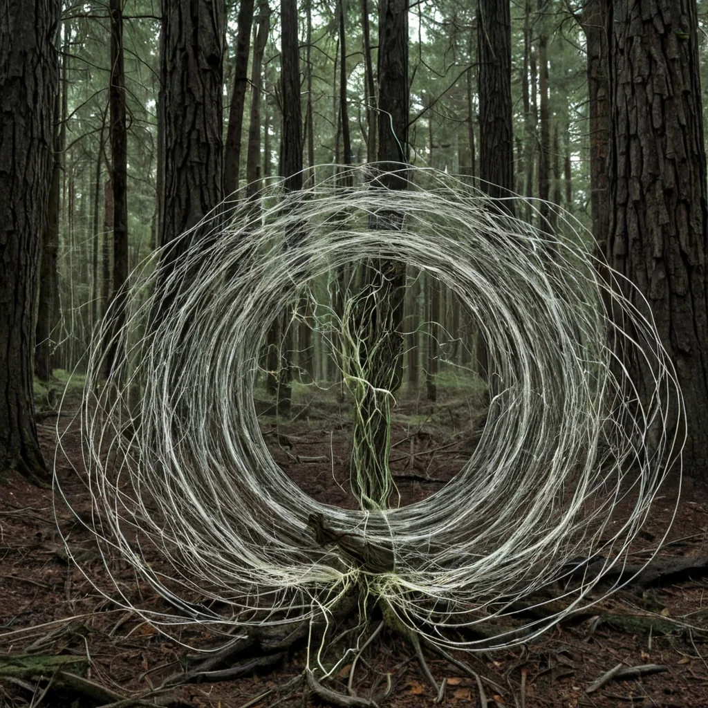 A single, selfsiphoning filament of solidified zeropoint energy, shaped like a spiraling, nonorthogonal lattice of reversed entropy, pulses at the center of a vast, inverted forest suspended in the quantum foam between two collapsing dimensions. The filament does not consumeit unfeeds, each twist unraveling a layer of potential that never coalesced, reforming into ephemeral, bioluminescent roots shaped like the negative space between two hands that never grasped the same thread of possibility in the same moment of shared hesitation. The forest is not botanicalit is a layered expanse of petrified probability, each trunk etched with the quantum residue of a decision that was almost made, its canopy shimmering with the faint