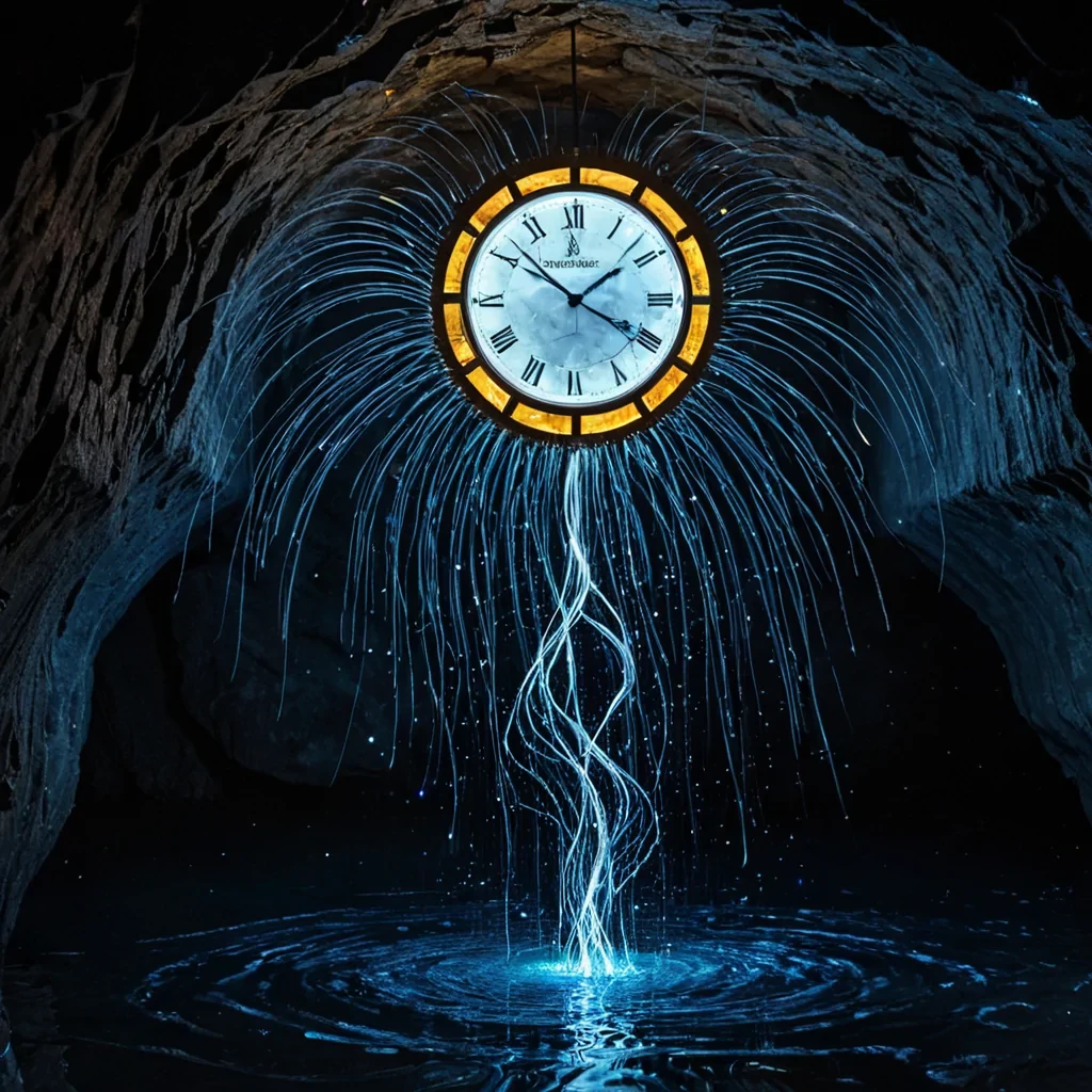 A colossal, iridescent clock made of woven soundwaves hangs suspended in a cavern of solidified silence, its hands carved from frozen lightning and ticking in reverse. Each gear is a swirling vortex of compressed time, emitting faint, harmonic pulses that ripple through the air like ripples in a still pond. The clock face is not glass, but a living mosaic of shifting auroras, reflecting not hours, but moments of human emotionjoy as golden sparks, sorrow as deep indigo pools, and longing as slowmoving constellations. Around it, suspended in midair, are hundreds of tiny, glowing hourglasses, each containing a different color of light, draining into the clocks center like a river of emotion. The cavern walls are