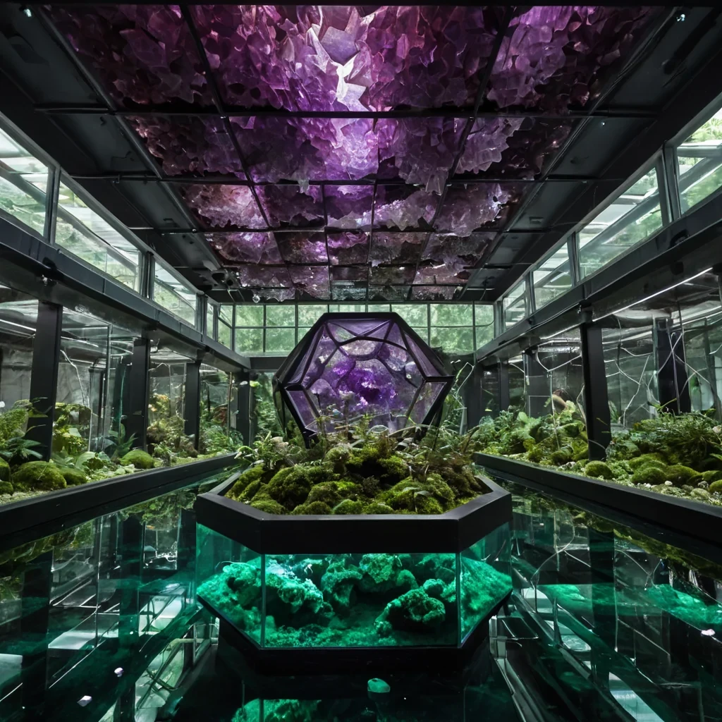A hyperrealistic, wideangle perspective of a subterranean hydroponic sanctuary carved into the hollow interior of a colossal, translucent geode, where the walls are lined with shimmering, hexagonal amethyst crystals that refract soft, internal violet light. Suspended from the crystalline ceiling by thin, braided copper cables are hundreds of rectangular glass terrariums, each containing a miniature, lush ecosystem of mosses and ferns in vibrant emerald greens, arranged in a perfect, gravitydefying grid. The floor is a shallow pool of still, crystalclear water that perfectly mirrors the inverted image of the terrariums above, creating an endless, looping visual symmetry. In the foreground, a delicate, mechanical arm made of brushed