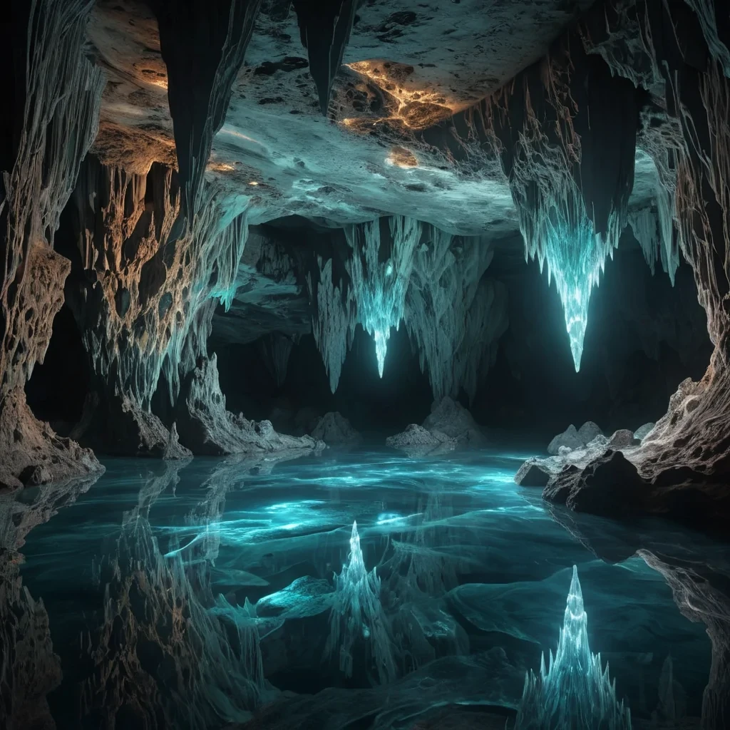 A hyperrealistic, 4K, ultra HD depiction of a surreal, bioluminescent cave system deep beneath the earths surface. The caves walls are etched with intricate, fractal patterns that shimmer in vibrant, prismatic hues. Volumetric lighting from distant, pulsating, subterranean sources casts a mesmerizing glow on the ethereal, floating crystals that drift above the crystalline pools. Photorealistic, fractal, zerogravity water formations dance in a surreal ballet, their gentle movements casting ethereal ripples across the luminescent underground lake. In the heart of the cave system, a towering, crystalline formation resembling an ancient, mythological being stands watch, its facets reflecting the otherworldly