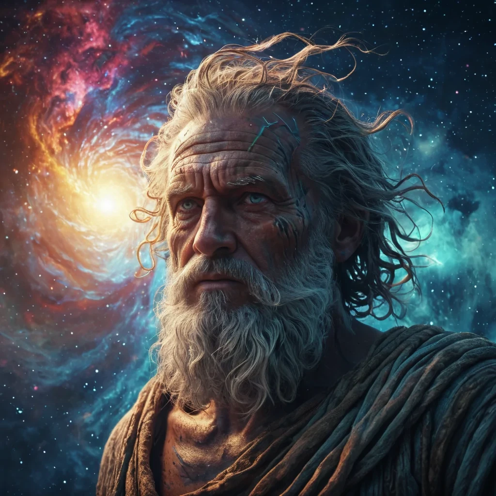 A lone, ancient mariner suspended in a vast, swirling cosmic storm, his weathered face illuminated by the ethereal glow of distant galaxies, hyperrealistic, 4K, cinematic lighting, volumetric lighting, atmospheric effects, lens flare, vibrant colors, detailed textures.