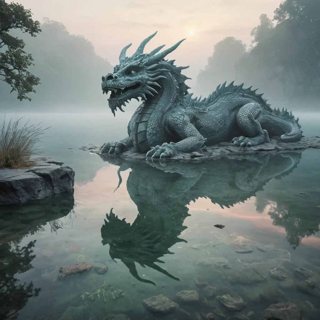 A colossal, ancient stone statue of a slumbering dragon, halfsubmerged in a vast, mirrorlike lake, with mist rising from the waters surface, while tiny, glowing sprites dance playfully around its snout, hyperrealistic, ultra HD, cinematic lighting, volumetric lighting, atmospheric effects, soft focus, pastel tones, detailed textures.