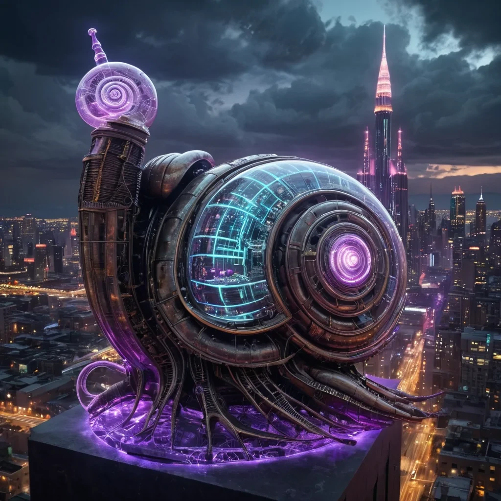 A colossal, ancient, mechanical snail, its metallic shell adorned with intricate, pulsating neon circuits, inches through a stormy, amethyst nebula. Within its transparent, bioluminescent body, a labyrinthine, neonlit cityscape sprawls, its towering, glass spires casting ephemeral shadows on the citys sentient, robotic inhabitants. Rendered in ultra HD, with dynamic lighting, atmospheric effects, and vibrant colors, evoking a sense of surreal, otherworldly wonder at this celestial, mechanical marvel.