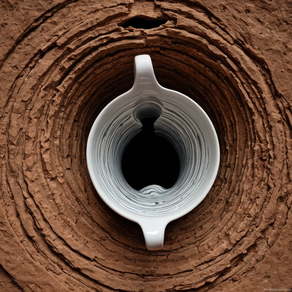 A hyperrealistic, lowangle closeup of a massive, ancient keyhole embedded in the side of a towering, vertical cliff face made of compressed, fossilized soundwaves, visible as dense, rhythmic ridges of warm, terracottacolored stone. The keyhole is not empty but filled with a slowly swirling vortex of deep, midnightblue ink that defies gravity, rotating counterclockwise with a viscous, hypnotic grace. Suspended within the ink vortex is a single, pristine, white porcelain cup, floating horizontally, its rim precisely aligned with the edge of the keyhole. The handle of the cup is made of spun silver wire, twisted into a complex, fractal spiral that catches the light from a single, intense
