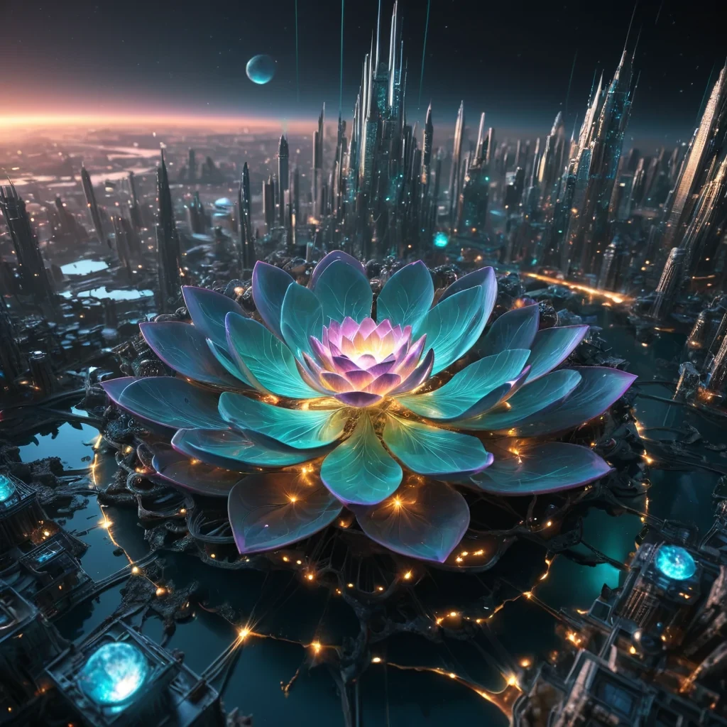 Photorealistic, colossal, floating, glassine, fractal, lotus metropolis, its hyperrealistic, 4K, gemstone structures unfurling ultra HD, zero gravity, aeroponic ecosystems. Volumetric lighting from unseen, pulsating, bioluminescent hearts etches the citys ethereal, labyrinthine architecture, casting intricate, dynamic, iridescent shadows on the inverted, reflective void. Cinematic lighting bathes the scene in vibrant, nebular hues, with lens flare emphasizing the citys central, radiant, throbbing, opalescent heart, pulsating with captive, alien, aerothermal energy.