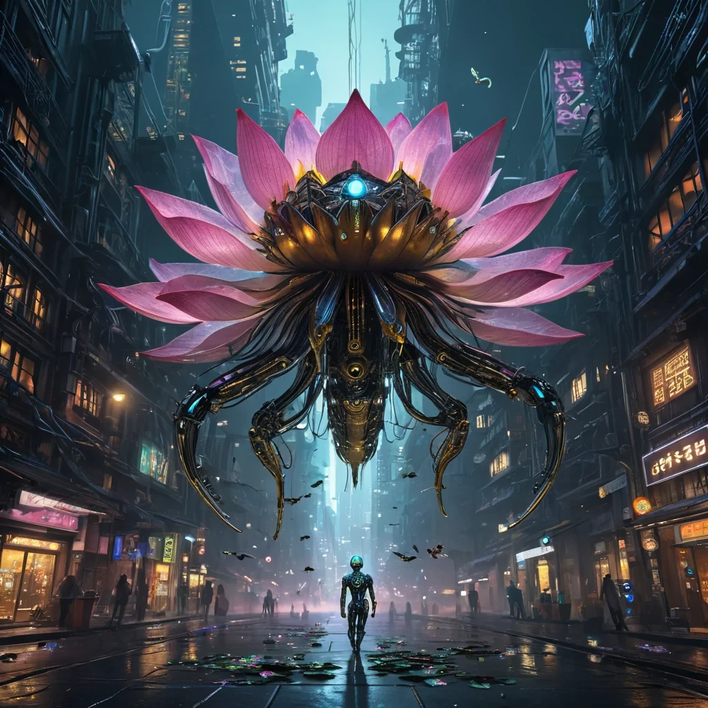 A colossal, ancient, mechanical lotus, its metallic petals unfurling to reveal a labyrinthine, neonlit city within, blooms from the heart of a vast, undulating, obsidian plain. Suspended within the lotus stamen, a holographic, sentient, mechanical swarm of dragonflies dances, casting ephemeral shadows on the citys inhabitants sentient, robotic, reptilian creatures. Rendered in ultra HD, with volumetric lighting, atmospheric effects, and vibrant colors, evoking a sense of surreal, otherworldly wonder.