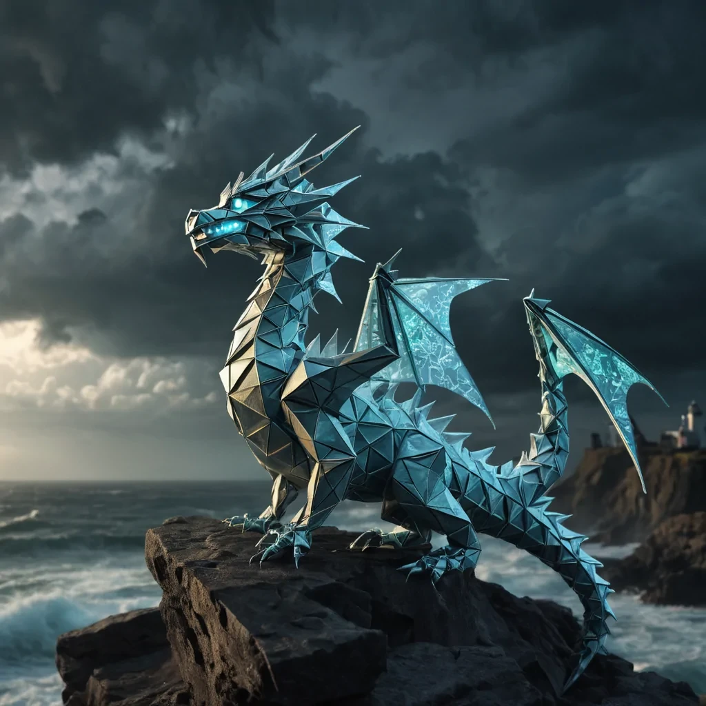 A hyperrealistic, 4K portrait of a lone, sentient, neonlit holographic origami dragon, its ethereal form pulsating with intricate, bioluminescent fractal patterns, perched atop a crumbling, ancient lighthouse, overlooking a stormy, turbulent sea, with dynamic lighting casting harsh shadows on its metallic scales and emphasizing its intricate, steampunkinspired design, and a subtle, cool bokeh effect creating a sense of isolation and melancholy.