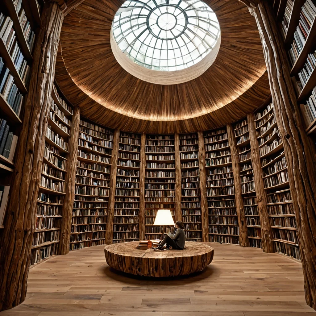A groundlevel, eyelevel perspective of a colossal, vertical library constructed within the hollowedout trunk of a massive, fossilized hollowlog structure made of petrified wood with a smooth, varnished interior surface. The walls are lined with infinite, horizontal shelves carved directly into the wood, holding thousands of books bound in materials ranging from textured leather and woven fabric to translucent crystal and brushed metal. The central space is illuminated by soft, warm light filtering through a series of circular skylights high above, casting long, dramatic shafts of dustmotefilled light that highlight the intricate grain of the wood. In the foreground, a reader wearing a cozy, knitted sweater in deep forest green sits on a suspended, circular reading nook platform made
