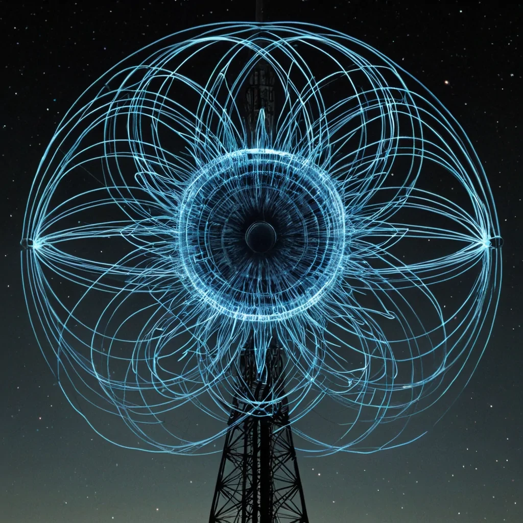 A single, selfsustaining bloom of bioluminescent static, shaped like a pulsating, threedimensional knot of reversed signal interference, hovers at the center of a vast, inverted radio tower made from the compressed, untransmitted frequencies of a civilization that communicated through the duration of synchronized, silent tuning into the same unbroadcast channel. The bloom does not emitit untransmits, each flicker dissolving a layer of resonance that never coalesced into a shared transmission, reforming into ephemeral, cobaltveined afterimages shaped like the negative space between two tuning dials that never aligned on the same frequency in the same moment of mutual silence. The tower is not metallicit is a stratified expanse of