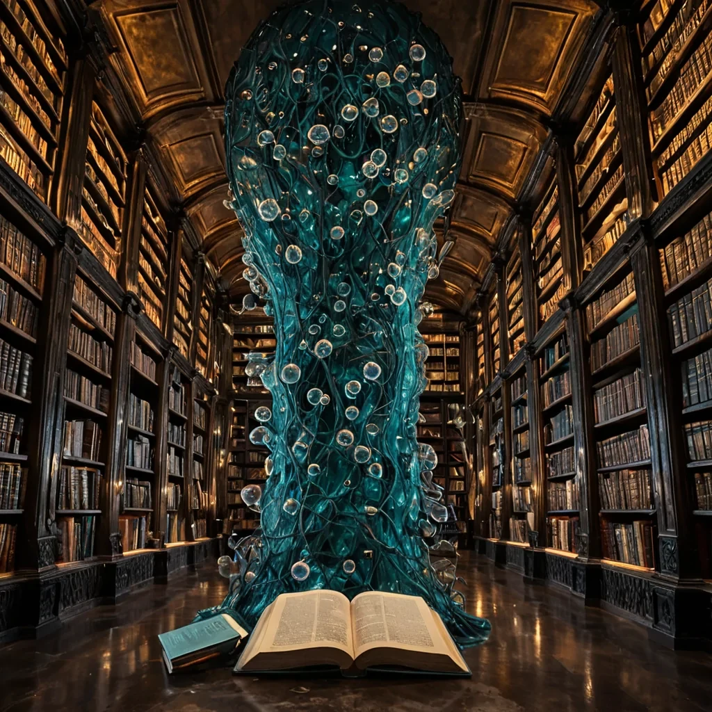 A sweeping, wideangle cinematic shot of a colossal, ancient library carved into the interior of a giant, translucent geode. The walls are lined with shelves made of polished, dark obsidian, holding books bound in iridescent beetle shell and woven spider silk. Instead of text, the pages of the open books are made of thin, flexible sheets of smoked glass, etched with complex, glowing fractal patterns in electric yellow and soft violet. Suspended in the air between the shelves are dozens of spherical, transparent bubbles filled with swirling, slowmoving sandstorms in varying hues of burnt orange and ash grey. A single, slender, bioluminescent vine with thick, waxy leaves in deep teal climbs the central support pillar, its tendr