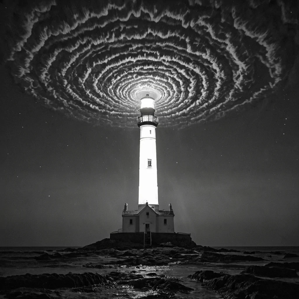 A single, selfsiphoning filament of reversed nostalgia, shaped like a fractal tangle of unremembered childhood whispers, drifts through the center of a vast, inverted lighthouse built from the compressed, unlit moments of a civilization that communicated through the duration of synchronized, silent watching of the same unlit beacon. The filament does not recallit unremembers, each pulse dissolving a layer of warmth that never coalesced into a shared memory, reforming into ephemeral, rosequartzveined afterimages shaped like the negative space between two hands that never held the same flashlight in the same moment of mutual wonder. The lighthouse is not maritimeit is a stratified expanse of petrified longing, each