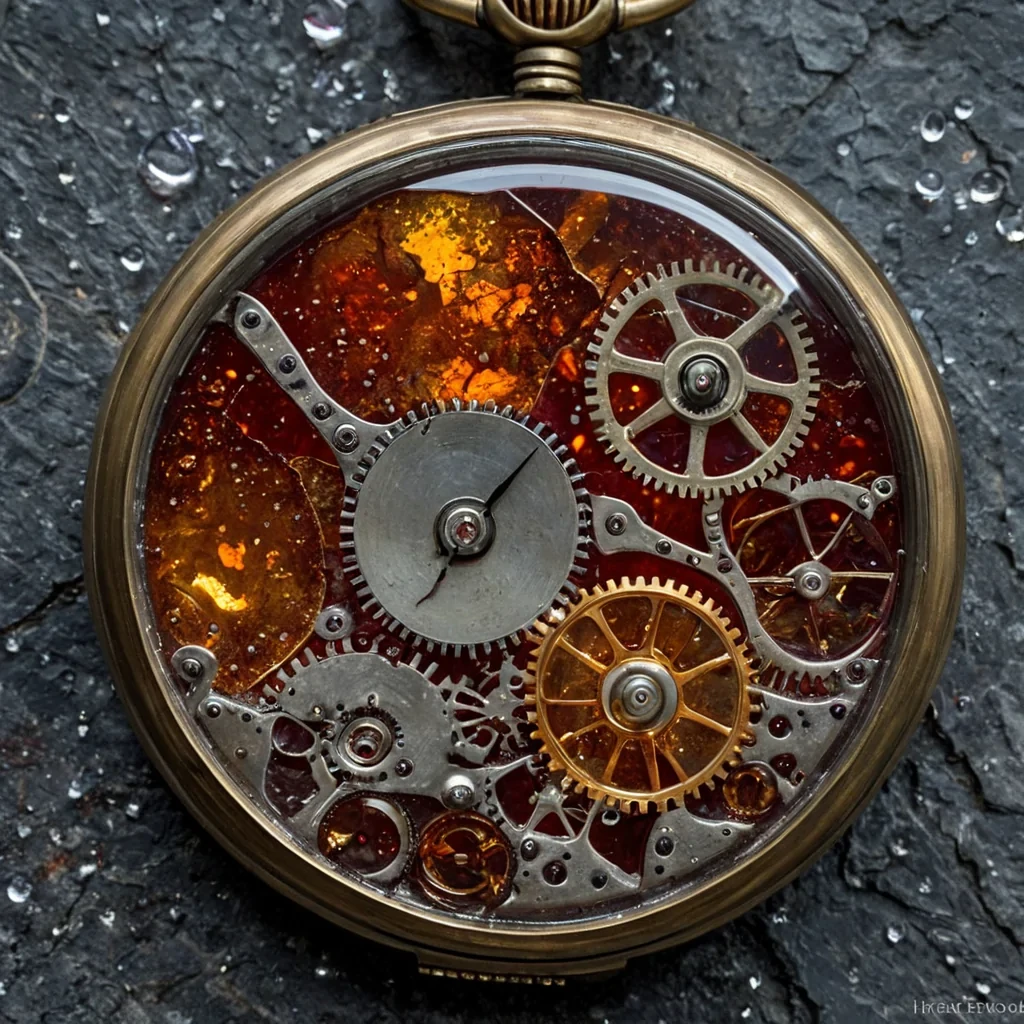 A highangle, photorealistic macro shot of a fractured slab of translucent, pale amber resin embedded within a bed of coarse, matte grey slate. Inside the resin, a frozen, intricate moment of a vintage brass pocket watch mechanism is suspended, its gears and springs rendered in hyperdetailed metallic textures, stained with tiny droplets of dried, deep crimson wine that have oxidized into dark rust spots. Surrounding the central resin slab are delicate, intricate filigree patterns of solidified, iridescent motherofpearl that appear to be blooming outward from the cracks, resembling delicate, frozen flowers of shell. The lighting is soft and diffused, highlighting the refractive qualities of the amber and the lustrous, shifting colors