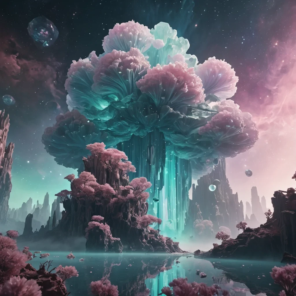 An ancient, sentient, crystal city, floating amidst a nebula, with colossal, levitating, bioluminescent flora casting ethereal shadows, captured in 4K with volumetric lighting and pastel tones.