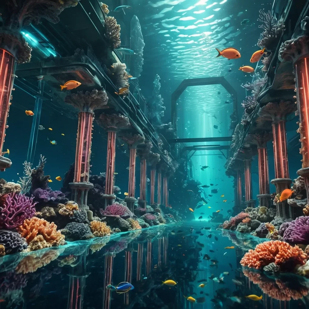 A surreal, underwater cityscape with luminescent coral skyscrapers and bioluminescent marine life swimming through transparent tunnels, hyperrealistic, 4K, cinematic lighting, volumetric lighting, atmospheric effects, dynamic lighting, lens flare, vibrant colors, detailed textures.