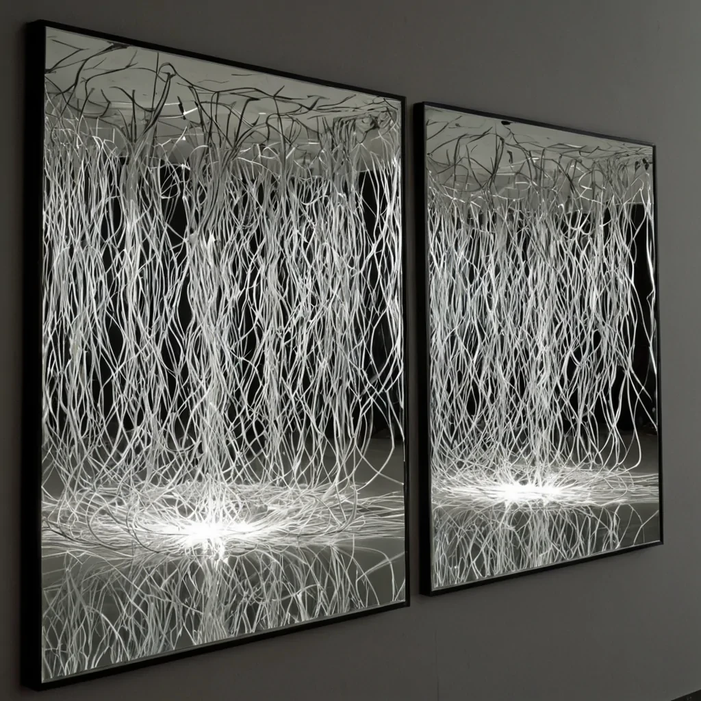 A single, selfigniting filament of compressed static electricity unravels across the surface of a vast, still mirror made entirely of shattered, unspoken truths from a civilization that communicated through the texture of unreflected light. The filament does not burnit unfolds into a slow, spiraling cascade of refracted silence, each pulse forming a geometric lattice shaped like the negative space between two mirrors that never faced each other in the same room, its edges crackling with the faint, electromagnetic afterimage of a gaze that never returned. The mirror is not glassit is a layered expanse of solidified reflection from a thousand unobserved moments, each fracture etched with the emotional residue of a face that was never seen in