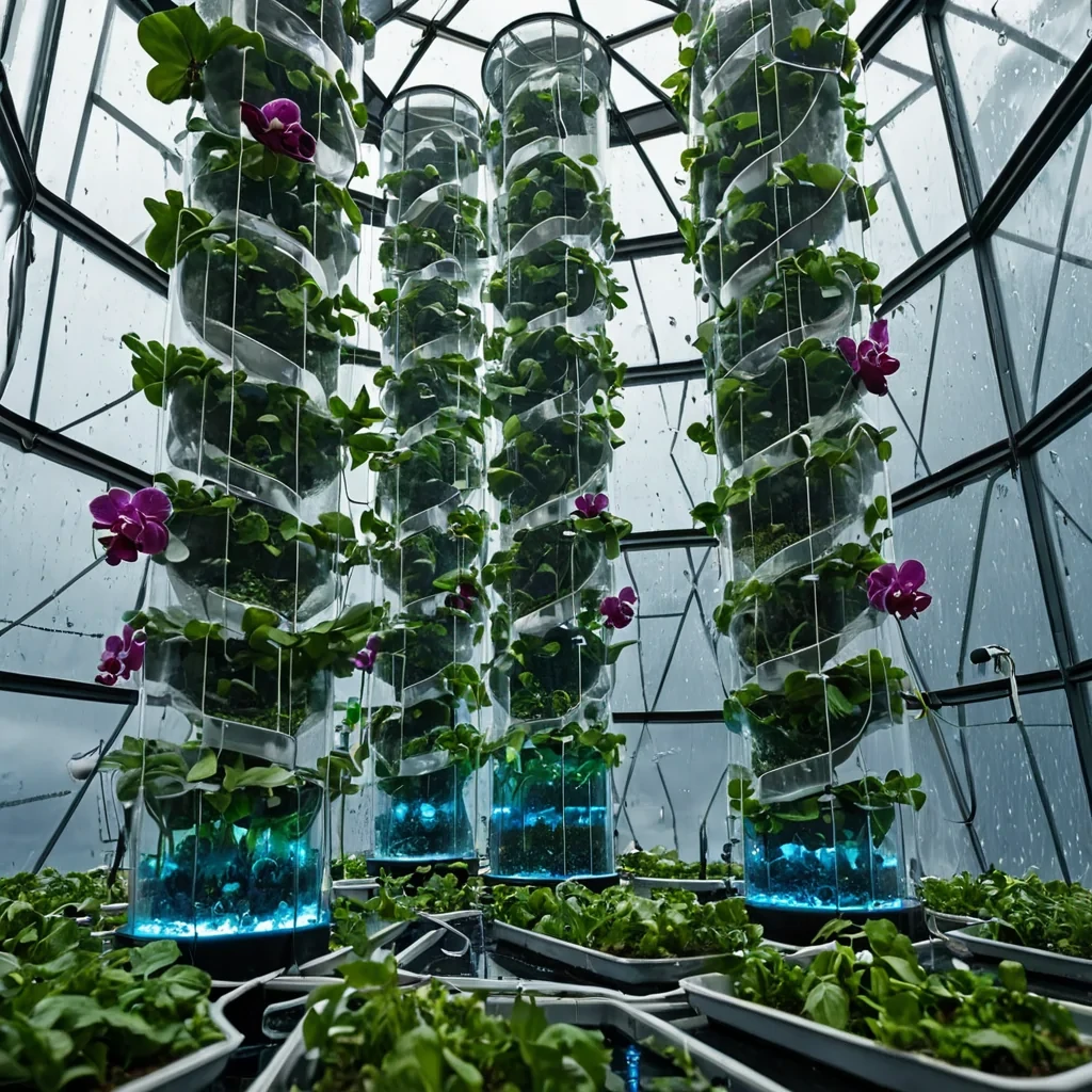 A horizontal, eyelevel medium shot of a towering, vertical aquaponic tower farm situated within a highaltitude, glassenclosed atrium that overlooks a sea of churning, electricblue storm clouds. The structure is composed of transparent, hexagonal resin modules stacked in a spiraling helix, each housing vibrant, floating beds of emeraldgreen leafy vegetables and clusters of deeppurple hydroponic orchids suspended in nutrientrich, clear water. The lighting is dramatic and highcontrast, with harsh, white lightning bolts illuminating the scene from behind the glass exterior, creating sharp, rimlit highlights on the water droplets and the glossy leaves. In the foreground, an agronomist with skin resembling smooth, cool