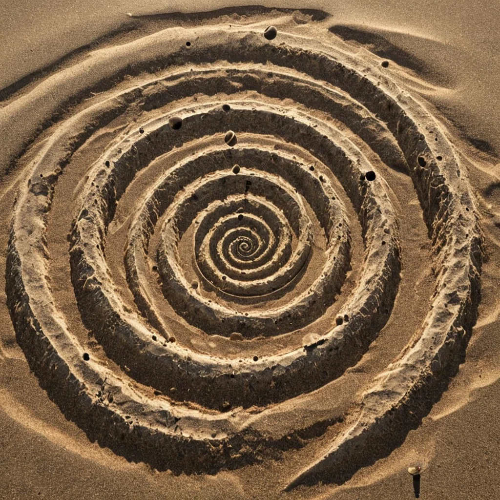 A single, selfrewriting constellation of reversed time, shaped like a 7,193dimensional spiral of unformed chronology and inverted causality, rotates at the center of a vast, inverted desert of solidified stillness. Each star is born from the exact moment between a clocks hands turning and their refusal to move, a memory being recalled and dissolving into nonsequence, a footstep landing on sand and collapsing into pure, unmeasured nonprogress. The spiral does not mark timeit unmarks it, each fading point shedding a layer of temporal potential that never coalesced into past, present, or future, reforming into ephemeral, amethystveined dust that drifts backward through the air like