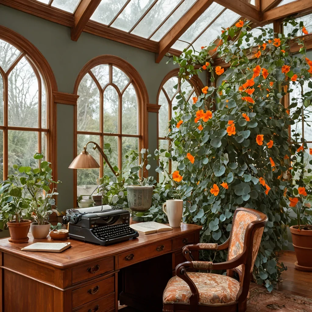 A photorealistic, eyelevel medium shot of a serene, indoor conservatory constructed from warm, honeytoned reclaimed mahogany, where the ceiling is a vast, arched skylight of frosted, patterned glass that diffuses soft, golden afternoon light. The room is filled with suspended, terracotta planters holding cascading vines of silveryblue eucalyptus and vibrant orange nasturtiums, creating a lush, textured canopy that frames a central, polished oak desk. On the desk sits a vintage, brasscased typewriter with ivory keys, beside an open leatherbound journal and a steaming cup of dark coffee. In the foreground, a figure wearing a cozy, chunkyknit sweater in muted sage