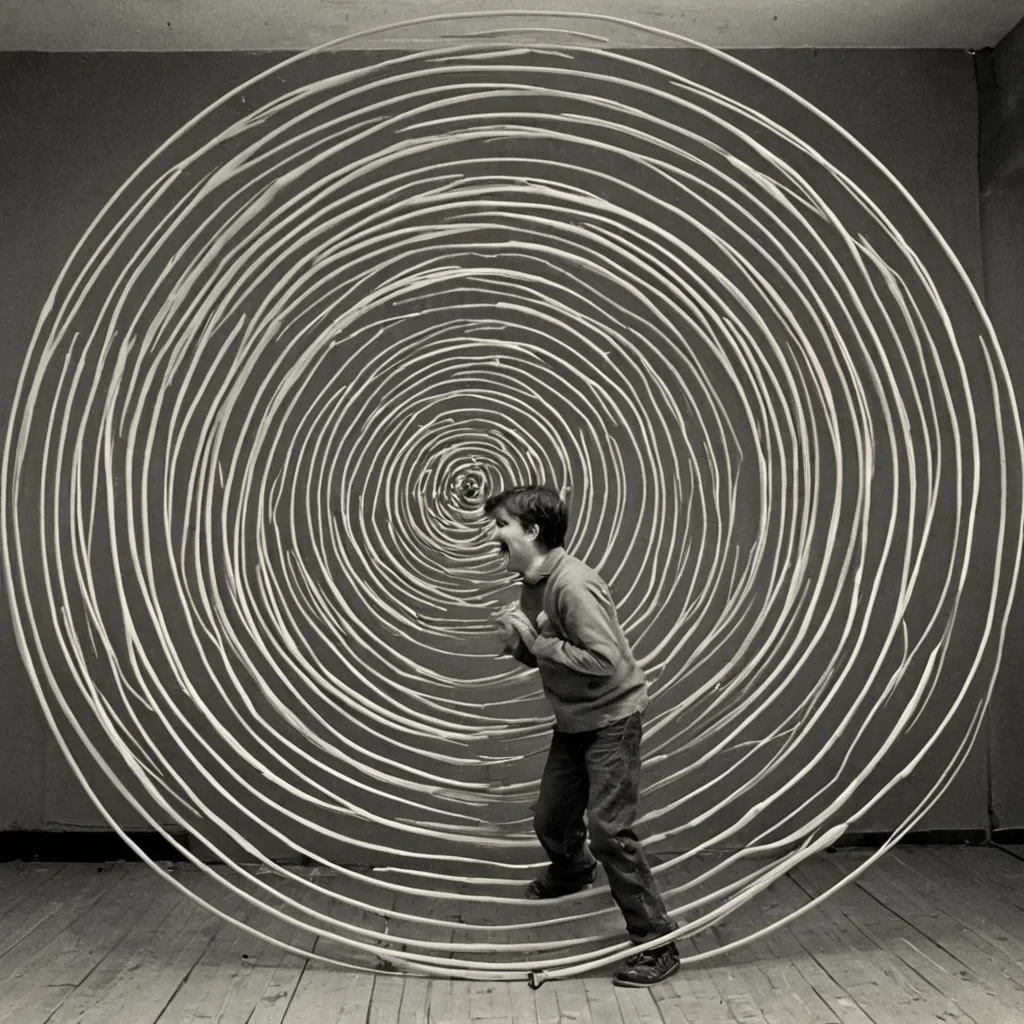 A single, selfoscillating filament of reversed laughter, shaped like a 7,309dimensional spiral of unformed mirth and inverted joy, pulses at the center of a vast, inverted theater of solidified sorrow. Each coil is spun from the exact moment between a chuckle forming in the throat and its refusal to escape, a joke being told and dissolving into nonhumor, a childs giggle echoing in an empty room and collapsing into pure, unmeasured nonlevity. The spiral does not amplify soundit unamplifies it, each vibrating strand shedding a layer of euphoric potential that never coalesced into rhythm, resonance, or shared delight, reforming into ephemeral, cit