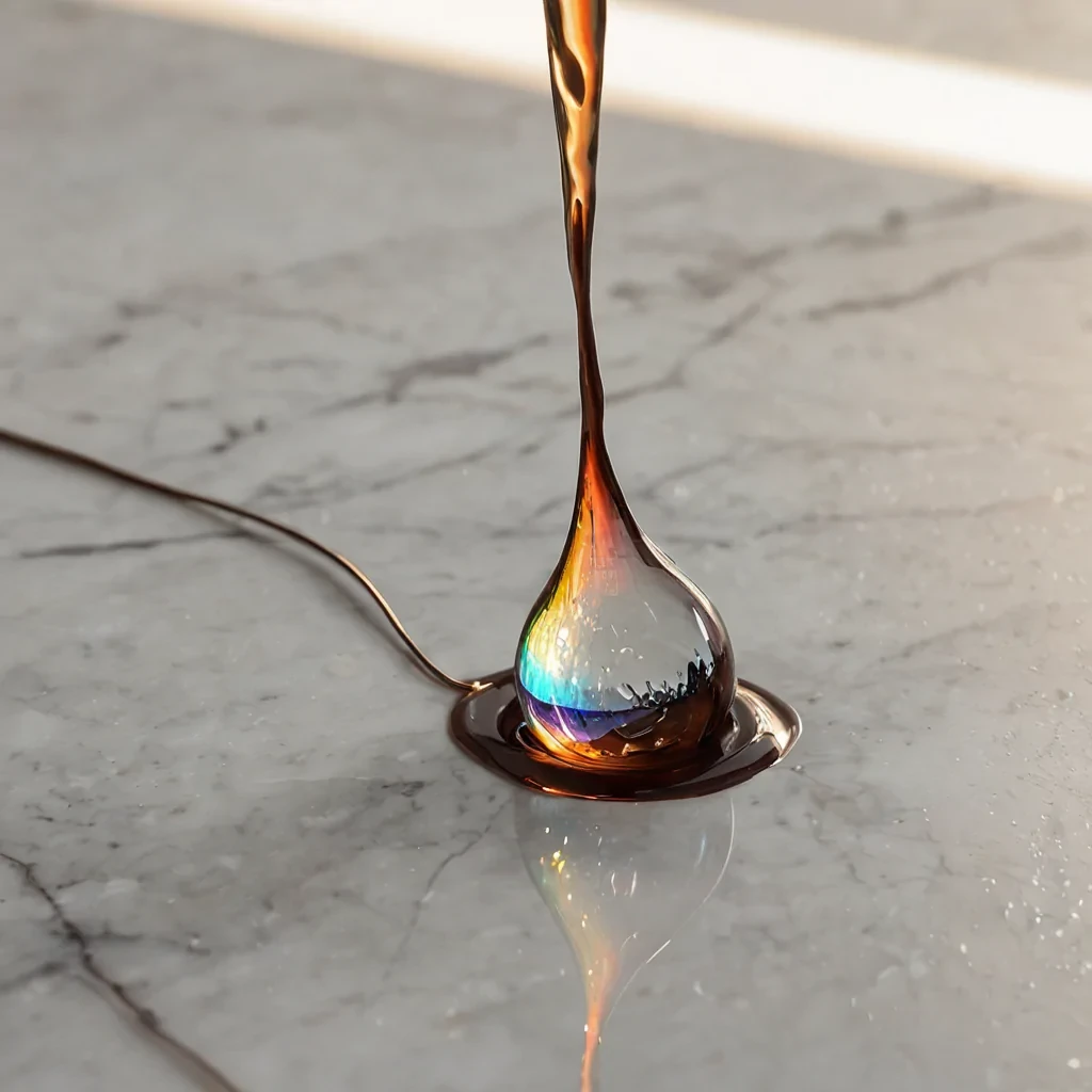A hyperrealistic, eyelevel closeup of a single, suspended droplet of viscous, dark chocolatecolored fluid, frozen in midair above a pristine, matte white marble surface. The droplet is perfectly spherical but is being pierced by a thin, rigid wire made of twisted, coppercolored metallic fibers that enter from the bottom left and exit top right, slicing through the liquid without breaking its surface tension. The wire is embedded with tiny, geometric prisms of clear crystal that refract the soft, warm, goldenhour sunlight coming from the upper left, casting sharp, prismatic rainbows across the smooth marble below. The background is a deep, outoffocus blur of warm, earthy tones, suggesting a quiet, sunlit interior