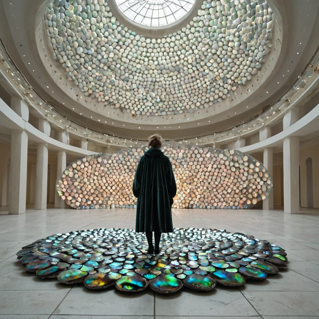 A hyperrealistic, mediumshot photograph of a solitary figure standing in a vast, circular atrium paved with seamless, matte white ceramic tiles. The figure is wearing a voluminous, floorlength coat constructed entirely from hundreds of layered, iridescent abalone shells, arranged in overlapping scales that catch the light, shifting between pearlescent blues, pinks, and greens. They are holding a large, open, vintage field guide with covers made of soft, faded velvet, but the pages are transparent, flexible sheets of polished mica, reflecting the room rather than displaying text. Floating around the figure at knee height are dozens of small, spherical, matte black orbs, each emitting a gentle, warm, amber glow from within, like tiny captured sun