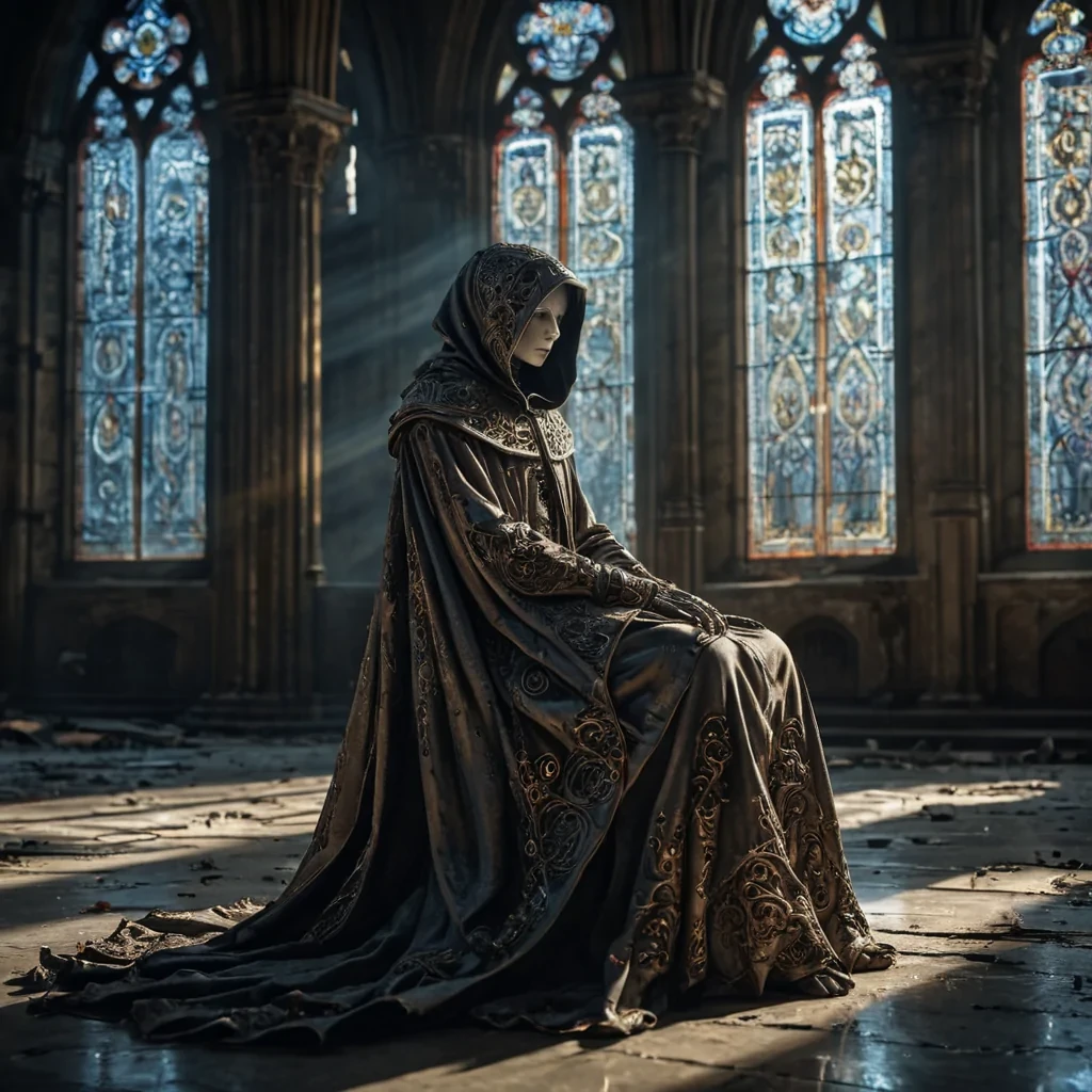 Photorealistic, Ultra HD portrait of a melancholic, sentient automaton, its metallic body adorned with intricate, tarnished filigree, sitting alone in a vast, abandoned cathedral, surrounded by towering, gothic arches and faded, stainedglass windows, with cinematic lighting casting dramatic shadows and emphasizing the intricate, steampunkinspired design, and a subtle, cool bokeh effect creating a sense of isolation and melancholy, as a lone, spectral comet streaks across the night sky, its glowing tail leaving a trail of stardust in its wake, while a spectral, ethereal figure, cloaked in a tattered, hooded robe, stands silently at the edge of
