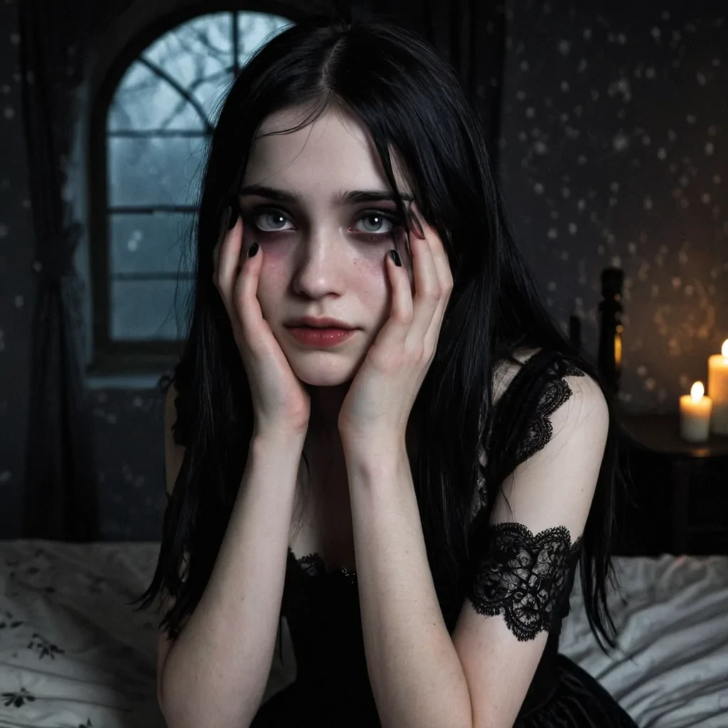 A young goth girl, around 17 years old, with long, smooth black hair and a pale white complexion, sitting in a dimly lit bedroom. She is wearing a black dress with intricate lace details and has blackpainted fingernails. Her face is marked by a bittersweet expression, with tears glistening in her eyes but a faint, melancholic smile on her lips. The setting is surrealoutside her bedroom window, the vast expanse of space is visible, filled with stars, nebulae, and distant galaxies, as if her room floats in the cosmos. The room has a cozy, gothic aesthetic with dark furniture, candles, and faint shadows. The mood is a mix of sadness and beauty, evoking a sense of mystery and wonder.