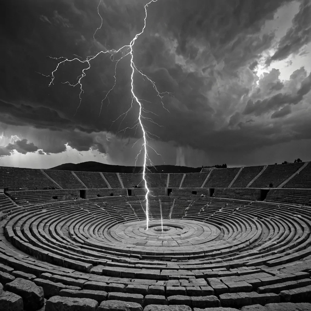 A single, selferoding filament of solidified soundless thunder, shaped like a spiraling, nonsonic vortex of reversed atmospheric pressure, pulses at the center of a vast, suspended amphitheater built not from stone or wood, but from the compressed, unperceived moments of collective awe from a civilization that communicated through the silence between storms. The filament does not resonateit unthunders, each twist dissolving a layer of tension that never coalesced, reforming into ephemeral, monochrome clouds shaped like the negative space between two ears that never caught the same crackle of lightning in the same moment of shared reverence. The amphitheater is not theatricalit is a layered expanse of petrified anticipation,