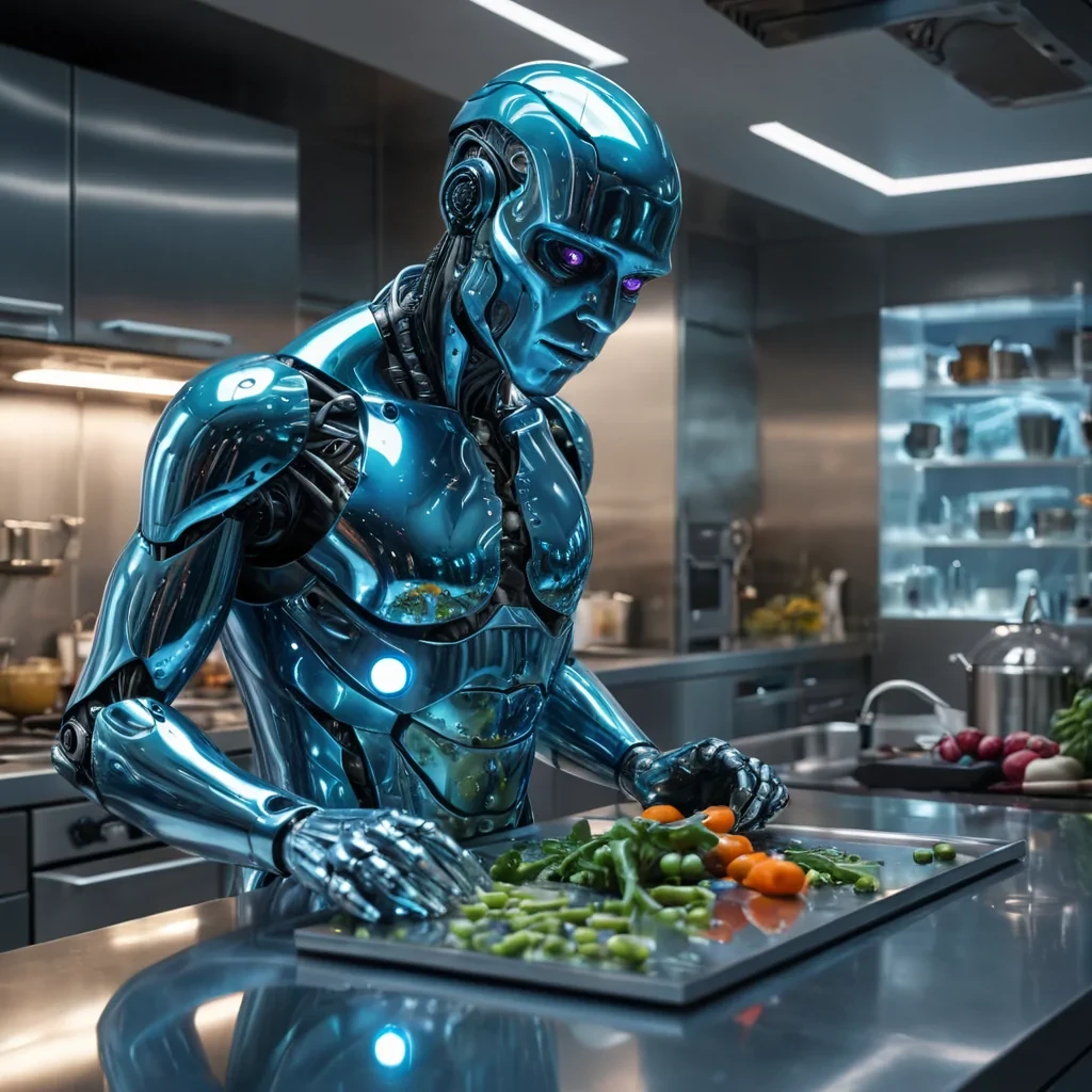 A hyperrealistic, 4K, ultra HD portrait of an android chef in a futuristic kitchen, his metallic skin gleaming with the sheen of a freshly polished mirror. The chefs eyes, a deep, enigmatic azure, hold the secrets of a thousand culinary creations. His hair, a cascade of shimmering, holographic food particles, gently pulses with each beat of his mechanical heart. The background is a surreal, hightech kitchen filled with floating, selfchopping vegetables and the soft glow of smart ovens. Cinematic lighting accentuates the chefs otherworldly beauty, while a subtle bokeh effect blurs the neonlit cityscape visible through the panoramic windows, creating an intimate, focused atmosphere.