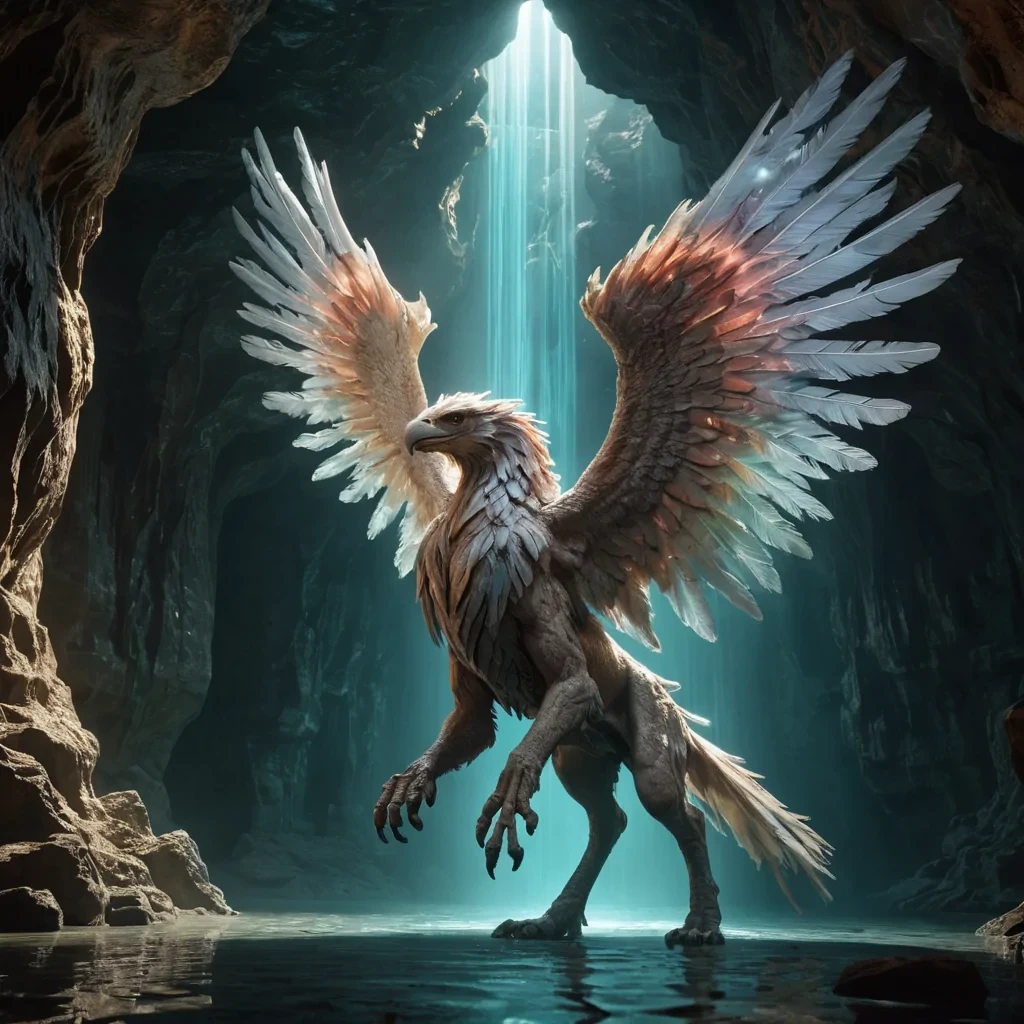 In the heart of a colossal, ancient, submerged, glasslike cavern, a solitary, levitating, hyperrealistic, holographic griffin materializes from the shadows, its intricate, textured feathers unfurling towards the caverns distant, glowing walls. Cinematic lighting from an unseen source casts dramatic shadows, while dynamic, volumetric lighting creates a soft, pastel glow. The griffins delicate, detailed feathers reflect the caverns intricate, luminescent patterns, as atmospheric effects create a mesmerizing dance of light and color. At the griffins core, a colossal, ancient, holographic projector flickers to life, casting a vibrant, Ultra HD display of a longforgotten alien landscape onto