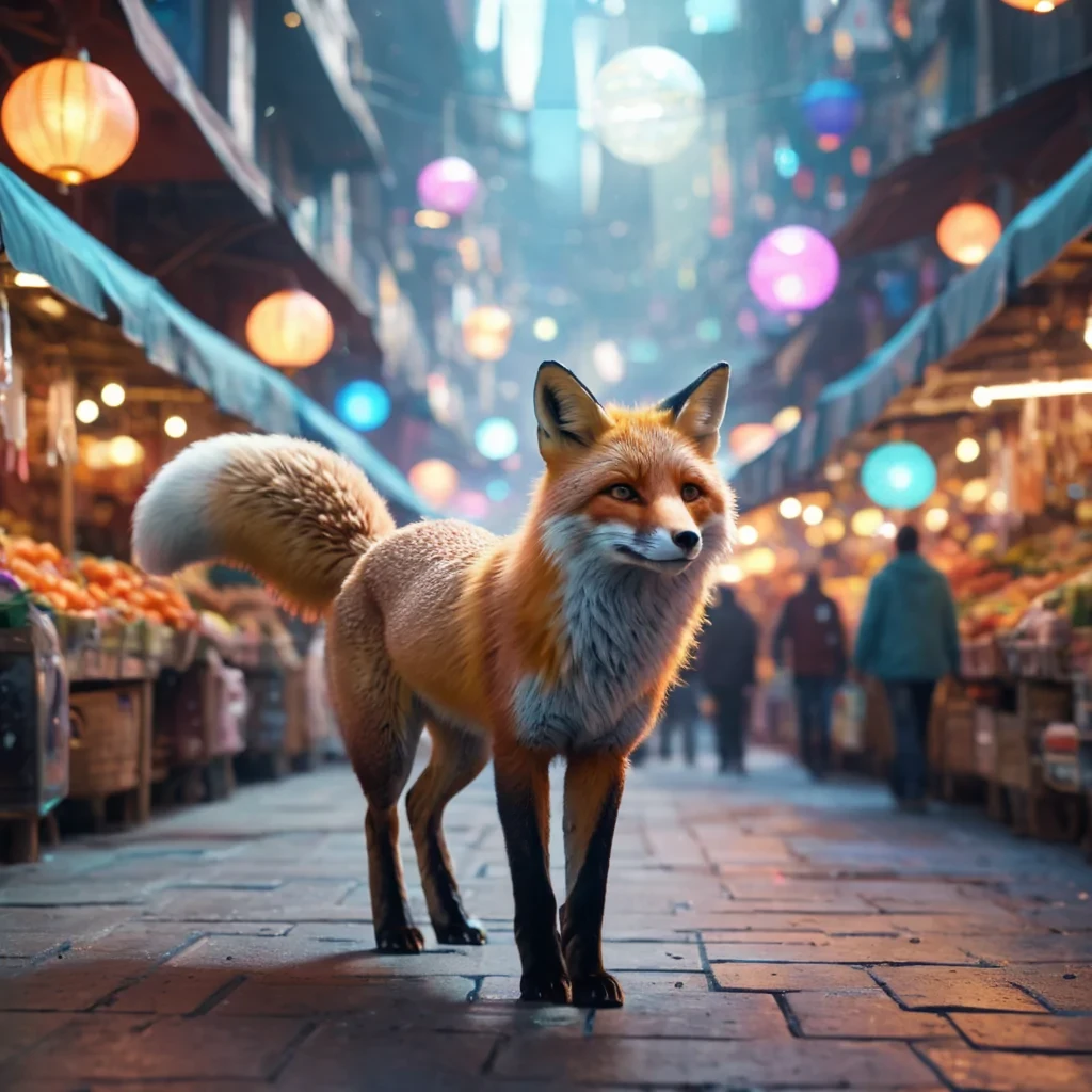 A lone, holographic fox darting through a bustling, futuristic market, its fur shimmering in iridescent hues, vendors selling levitating, glowing artifacts, hyperrealistic, 4K, cinematic lighting, volumetric lighting, atmospheric effects, dynamic lighting, bokeh effect, soft focus, lens flare, vibrant colors, detailed textures.