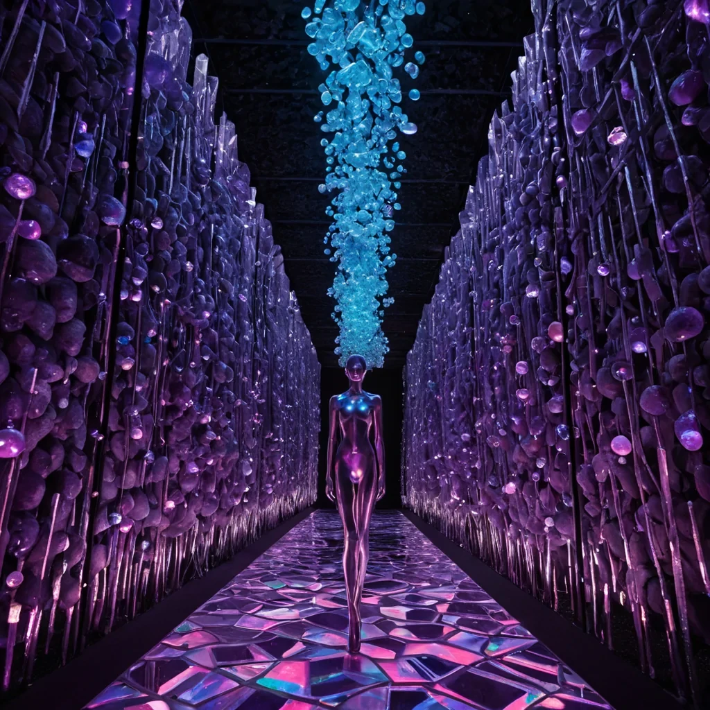 A horizontal, eyelevel medium shot of a vast, geometric marketplace suspended within a colossal, hollowedout geode made of deep violet amethyst, where the crystalline walls refract light into sharp, prismatic beams that dance across the floor of polished black basalt. Floating stalls constructed from translucent, bubblelike membranes of iridescent plastic drift at various heights, each containing exotic, nonterrestrial produce clusters of glowing, gelatinous orbs in hues of electric blue and neon pink, and long, slender stalks of metallic silver that hum with a faint vibration. In the foreground, a figure wearing a sleek, asymmetrical outfit made of woven optical fibers and matte white ceramic armor pieces stands on a narrow, suspended walkway of