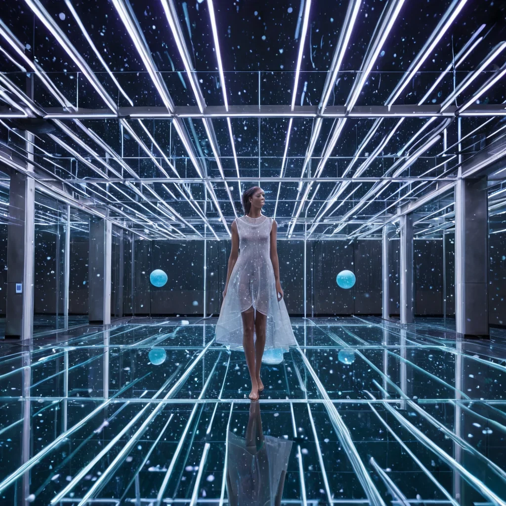 A horizontal, eyelevel wide shot of a serene, suspended atrium where the floor is a seamless expanse of polished, mercurylike liquid metal that perfectly reflects the ceiling above. The ceiling consists of a complex, geometric lattice of slender, glowing neon tubes in cool cyan and electric violet, forming a vast, threedimensional constellation map that shifts slowly. Floating gently above the liquid floor are dozens of large, hollow glass spheres, each containing a miniature, selfcontained weather system with tiny cumulus clouds, rain, or snow swirling within. In the center, a figure stands barefoot on the reflective surface, wearing a highcollared, sheer white dress woven from optic fibers that pulse with soft, rhythmic light, their hand extended toward the nearest