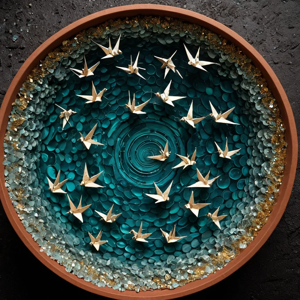 A topdown, macrophotography shot of a circular, shallow basin filled with a viscous, iridescent liquid that resembles crushed opal and mercury, swirled into a perfect, hypnotic spiral. Floating on the surface are dozens of miniature, intricate origami cranes made from thin sheets of translucent, heattreated bamboo, each one glowing with a soft, internal amber warmth that contrasts with the cool, teal undertones of the fluid. The liquids surface tension is visible, creating a sharp, highcontrast meniscus where it meets the rim of the basin, which is constructed from rough, unglazed terracotta clay with visible, dried cracks filled with fine, glittering gold leaf. The lighting is diff