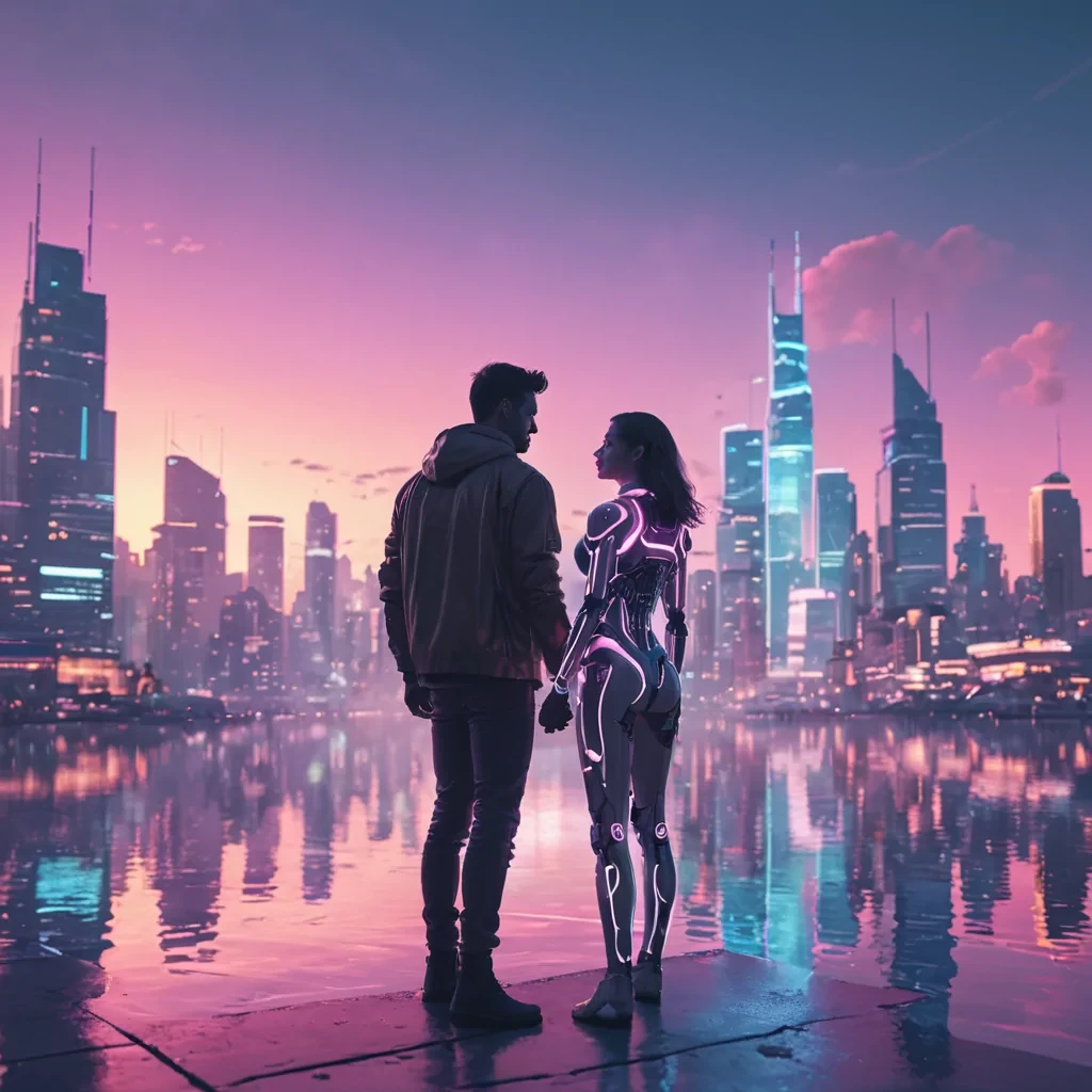 Hyperrealistic neon skyline of a floating city at dusk, with pastel tones and dynamic lighting, soft focus on a cyborg couple in volumetric light, 4K resolution, lens flare glowing around them.