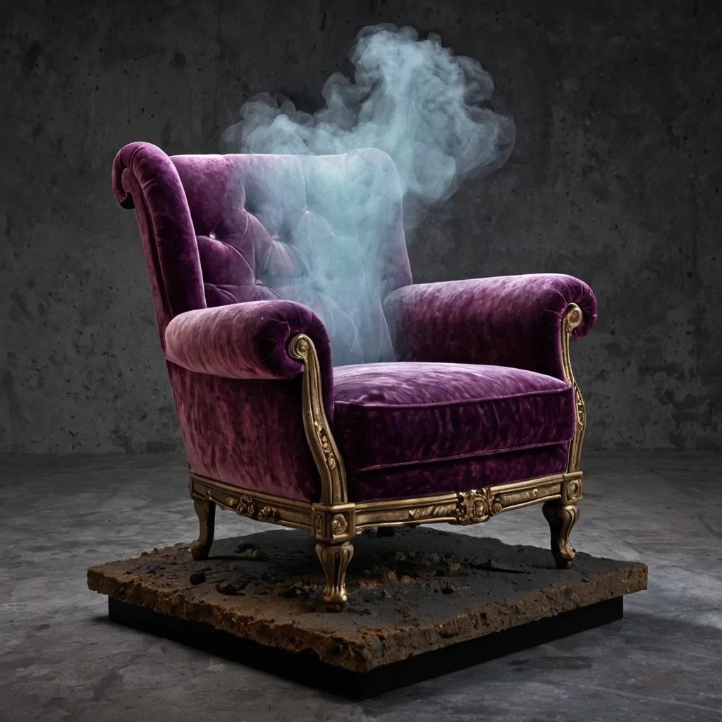 A tight, eyelevel photorealistic shot of a solitary, vintage velvet armchair upholstered in deep, crushed plum fabric, situated on a floating platform of rough, unpolished basalt. The chair is occupied by a translucent, holographic projection of an old, rusted steam locomotive engine, rendered in glowing, ambertoned wireframe lines that pulse with a rhythmic, mechanical heartbeat. Surrounding the chair, the air is thick with suspended, dry powder made of crushed, iridescent opals, creating a soft, pearlescent fog that diffuses the light. Draped over the backrest of the chair is a single, long, continuous ribbon of solidified liquid mercury, which flows in a smooth, un