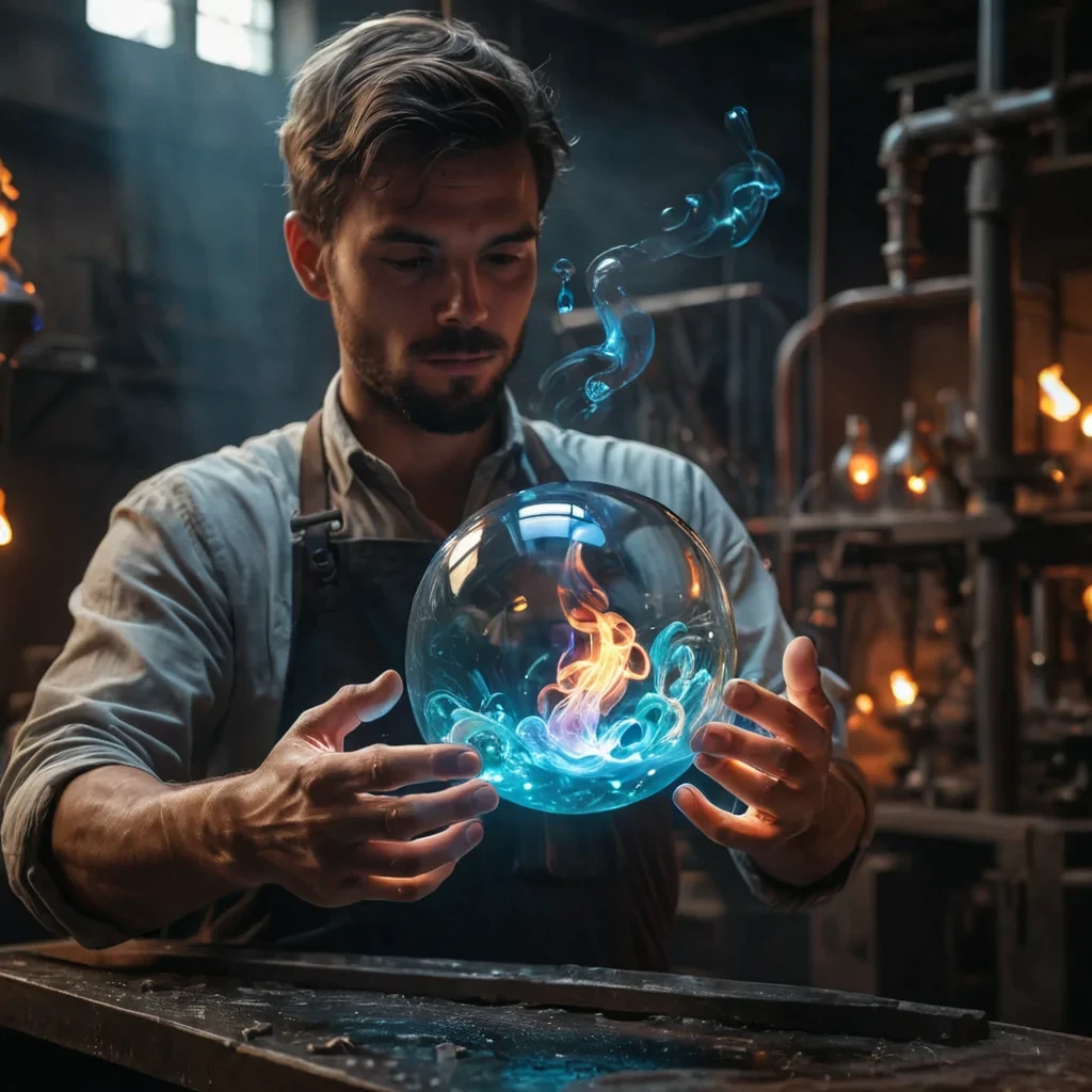 A hyperrealistic, 4K portrait of a serene, levitating glassblower in a zerogravity, bioluminescent foundry, their translucent, glowing hands deftly shaping molten, iridescent glass into intricate, otherworldly forms, with cinematic lighting casting soft shadows and emphasizing the mesmerizing dance of liquid light, and a subtle, warm bokeh effect creating a sense of ethereal tranquility.