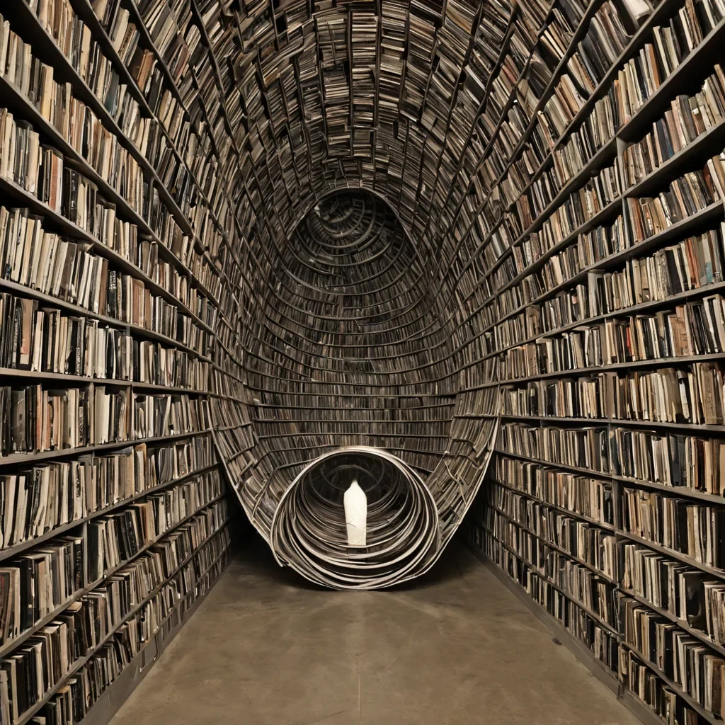 A single, selfrewinding filament of solidified silence, shaped like a 13dimensional Mbius strip of reversed perception and unformed awareness, drifts through the center of a vast, inverted archive of unrecorded breaths  each shelf carved from the petrified exhalations of a civilization that measured truth not by logic, but by the duration of synchronized, breathless pauses held just before the first lie was ever permitted to form in a world where deception was forbidden. The filament does not unravel  it unremembers, each twist shedding a layer of narrative potential that never coalesced into a shared myth, reforming into ephemeral, quartzthreaded afterimages shaped like the negative space between two mouths that never