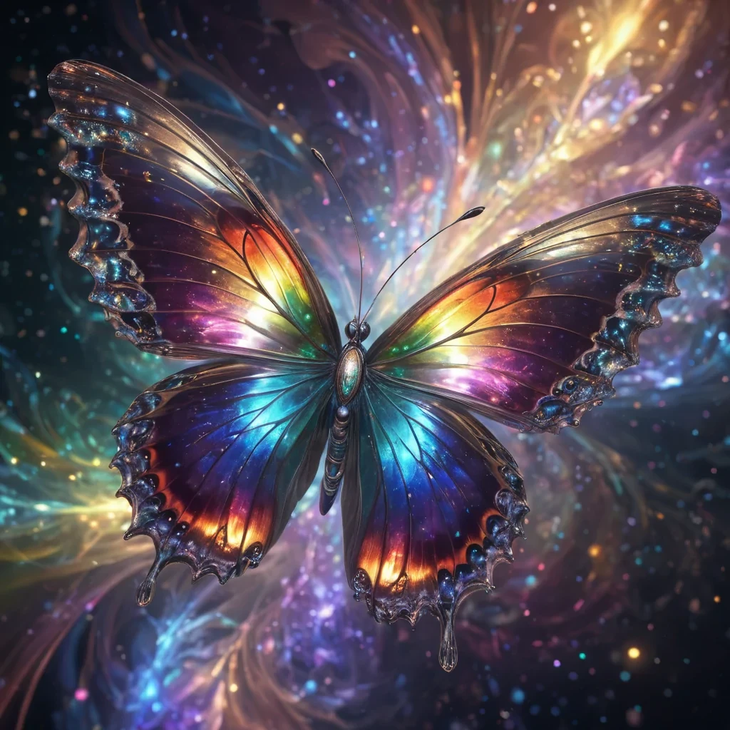 A hyperrealistic, 4K, ultra HD portrait of a quantum butterfly, its iridescent wings shimmering with the prismatic hues of a rainbow. The butterflies eyes, a swirling vortex of cosmic light, hold the secrets of the multiverse. Its wings, a cascade of shimmering quantum strings, gently flutter with an ethereal grace. The background is a surreal, fractal landscape of swirling, holographic dimensions, with distant quantum phenomena and parallel universes casting a soft, prismatic glow. Cinematic lighting accentuates the butterflies delicate features, while a subtle bokeh effect blurs the cosmic backdrop, creating an enchanting atmosphere.