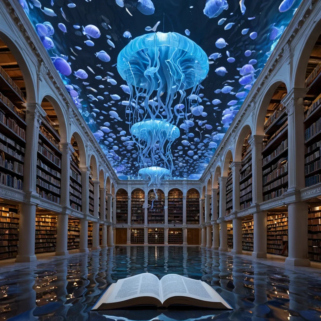 A hyperrealistic, wideangle isometric view of a colossal, submerged library constructed from seamless sheets of frosted acrylic, resting on the ocean floor beneath a layer of churning, sundappled water. The architecture consists of spiraling, translucent walkways and spherical reading nooks, all illuminated by the soft, bioluminescent glow of suspended jellyfishlike lanterns in shades of electric blue and pale lavender. In the center of the main hall, a massive, open book floats in midair, its pages made of rippling water that reflect the distorted, caustic light patterns dancing on the ceiling above. Schools of small, silver fish swim through the open pages, their movements creating subtle ripples in the liquid text.