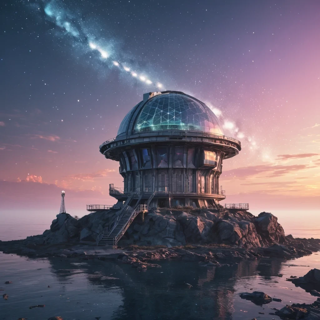 A serene, abandoned alien observatory on a floating rock island in a dual sunset sky, with intricate, crystalline architecture and holographic star maps flickering in the twilight, hyperrealistic, Ultra HD, cinematic lighting, volumetric lighting, atmospheric effects, bokeh effect, pastel tones, detailed textures.