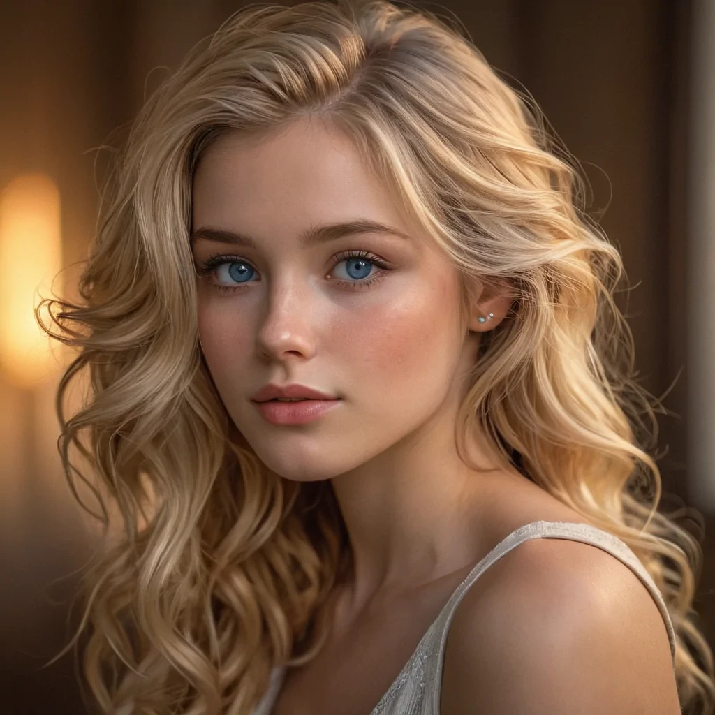 An enchanting, hyperrealistic portrait of a 20yearold blonde female. She has flawless, glowing skin with a natural blush, piercing deep blue eyes that captivate and radiate depth and emotion. Her wavy, golden blonde hair cascades over her shoulders, catching the soft, ambient lighting. She is wearing a subtle, elegant top, blending harmoniously with a warm, blurred background that evokes a serene and dreamy atmosphere. The scene is intricately detailed, with a focus on the texture of her hair, the reflection in her eyes, and the soft shadows on her face, creating an ethereal and deeply enchanting effect. Photorealistic, cinematic lighting, ultrasharp details, and a shallow depth of field, emphasizing her face with a bokeh effect in the background